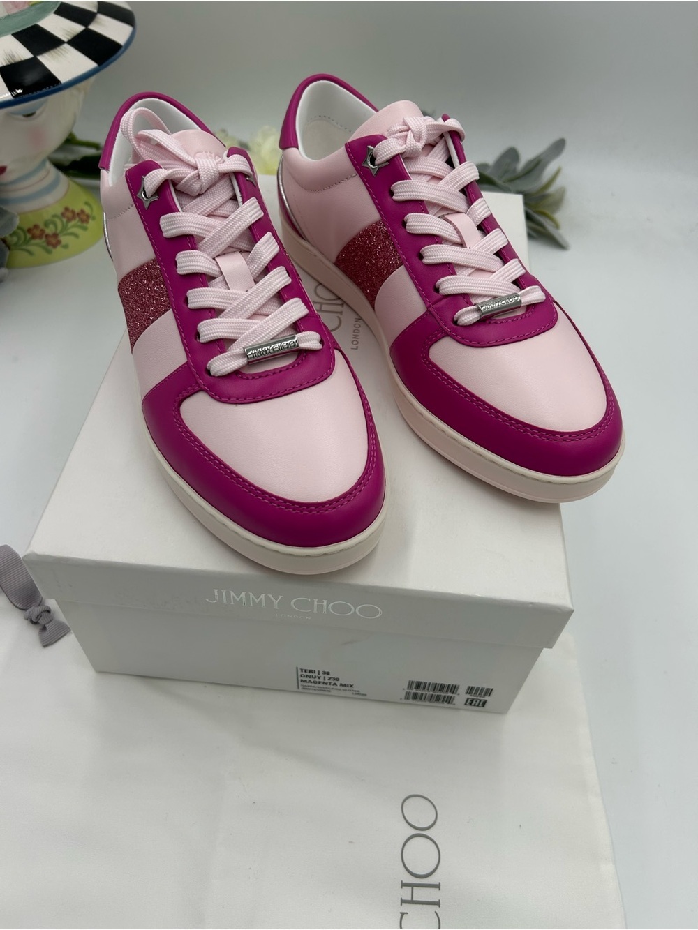 Women's Jimmy Choo TERI  magenta mix leather sneakers size  38 NWT